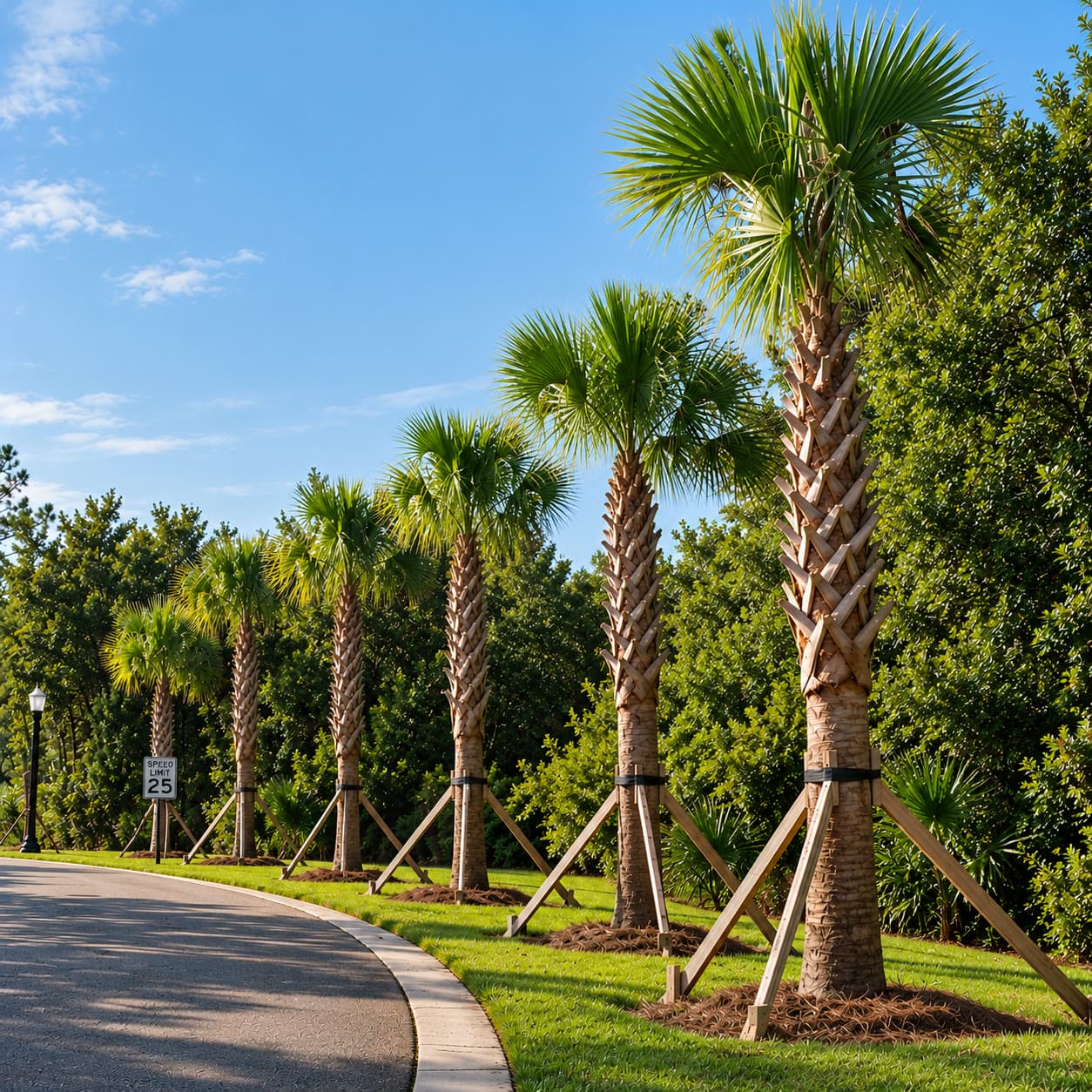 A row of trimmed palms along a curving road